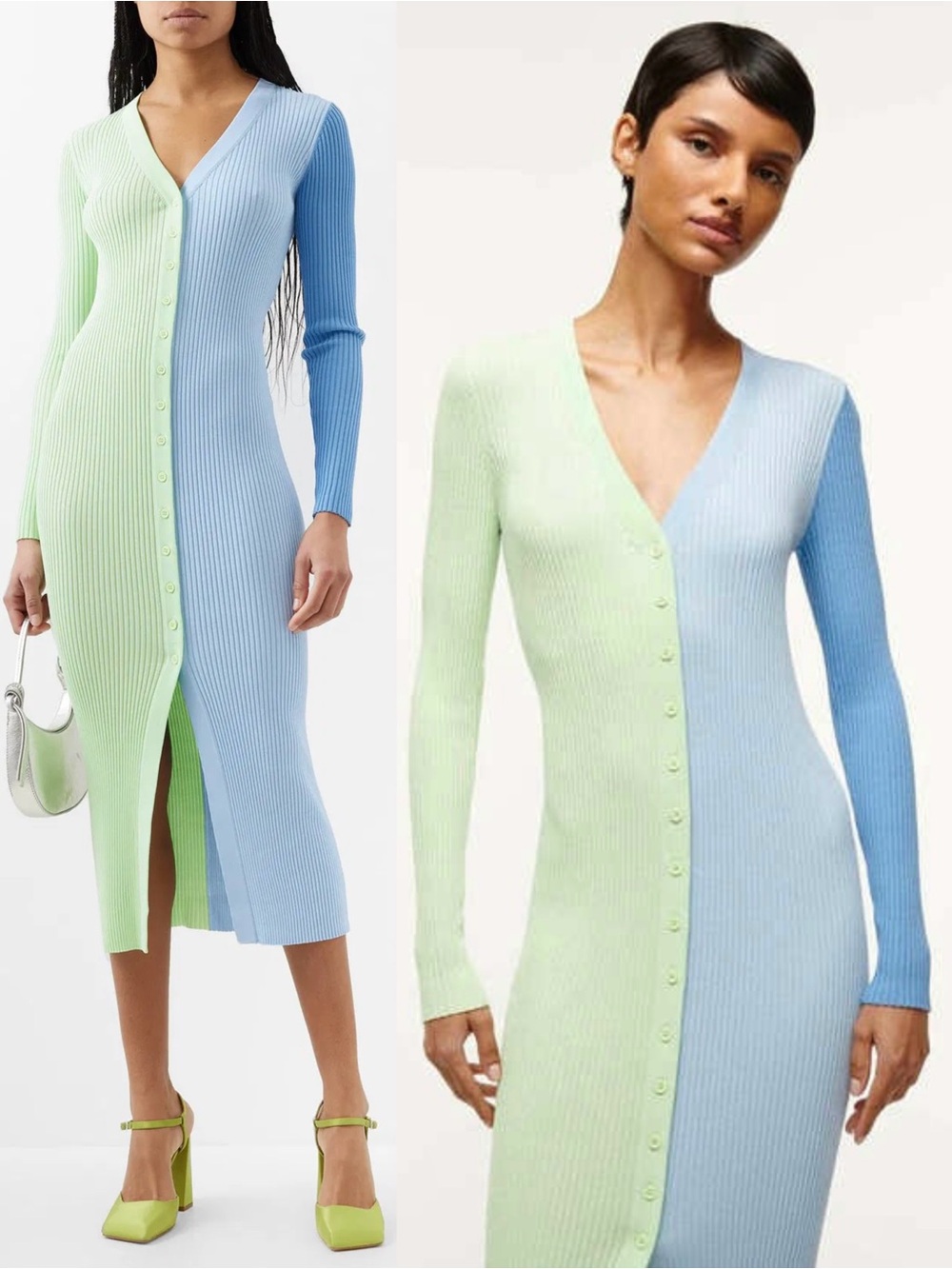 STAUD Rib Knit Colorblock Bodycon Scandi Girl Cardigan Sweater Midi Dress L